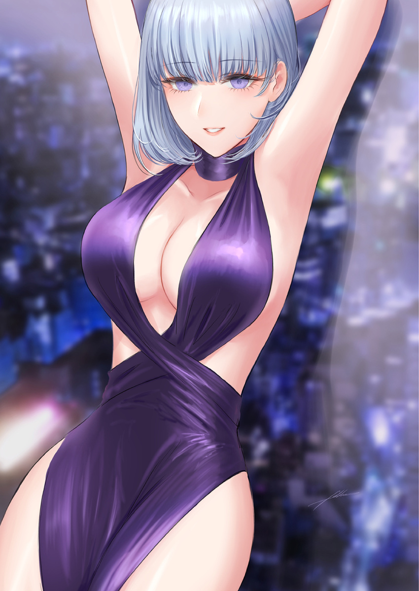 1girl armpits arms_up breasts cityscape criss-cross_halter dress filha girls'_frontline grey_hair halter_dress halterneck highres large_breasts purple_dress purple_eyes rpk-16_(girls'_frontline) short_hair sleeveless sleeveless_dress solo window