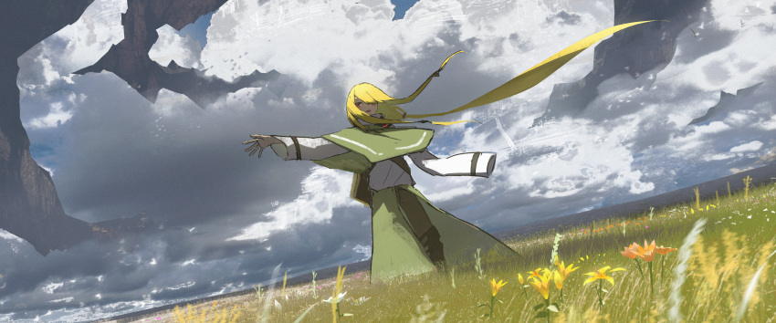 1girl absurdres arm_up asteroid_ill backpack bag bangs bird blonde_hair brown_pants capelet cloud cloudy_sky commentary day dutch_angle floating_island flock flower grass green_capelet green_skirt grey_sky highres horizon iris_(asteroid_ill) knee_pads long_hair long_sleeves looking_at_viewer neon_trim no_nose open_mouth orange_flower original outdoors outstretched_arm pants ponytail red_eyes scenery shirt sidelocks skirt sky solo standing swept_bangs textless_version very_long_hair white_flower white_shirt wide_shot wind yellow_flower