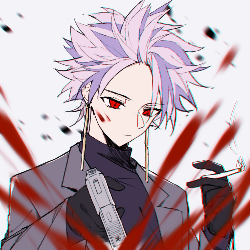 1boy :| black_gloves blood blood_spray chinese_commentary chromatic_aberration cigarette closed_mouth commentary_request earrings eyes_visible_through_hair gloves grey_jacket gun hand_up highres holding holding_cigarette holding_gun holding_weapon jacket jewelry kino_kazumi long_sleeves male_focus multicolored_hair pink_hair purple_hair purple_sweater red_eyes saibou_shinkyoku short_hair smoke smoking solo spiked_hair suit_jacket sweater theodore_riddle turtleneck turtleneck_sweater two-tone_hair weapon white_background