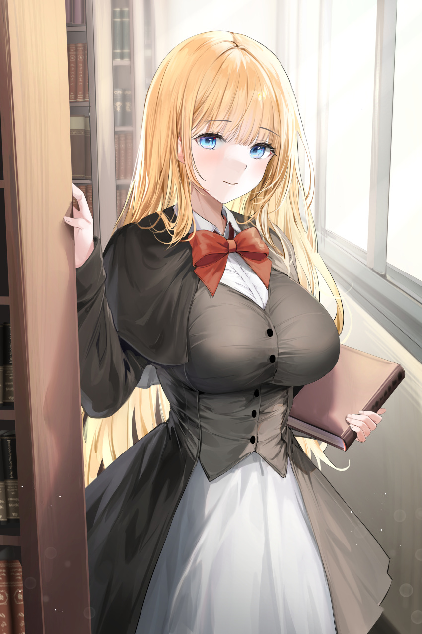 1girl absurdres bangs black_capelet black_jacket blonde_hair blue_eyes blush book bow bowtie breasts capelet collared_dress commentary commission dress english_commentary highres holding holding_book indoors jacket large_breasts library lillly long_hair long_sleeves looking_at_viewer original red_bow red_bowtie shelf sidelocks smile solo sunlight taut_jacket two-tone_dress white_dress window