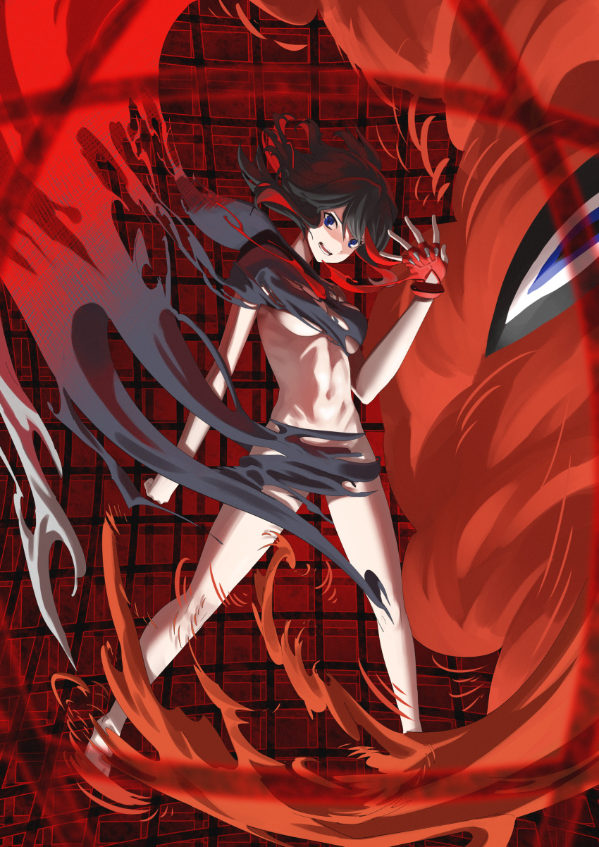 1girl absurdres asymmetrical_gloves bangs bare_legs black_hair blue_eyes breasts collared_shirt fingerless_gloves floating_hair full_body gloves grey_sailor_collar grey_shirt grey_skirt hair_between_eyes highres kill_la_kill long_hair looking_at_viewer matoi_ryuuko medium_breasts multicolored_hair navel open_mouth red_gloves red_hair sailor_collar sailor_collar_lift sailor_shirt senketsu shirt short_sleeves single_glove skirt solo tearing_up torn_clothes torn_shirt torn_skirt two-tone_hair underboob zyaki