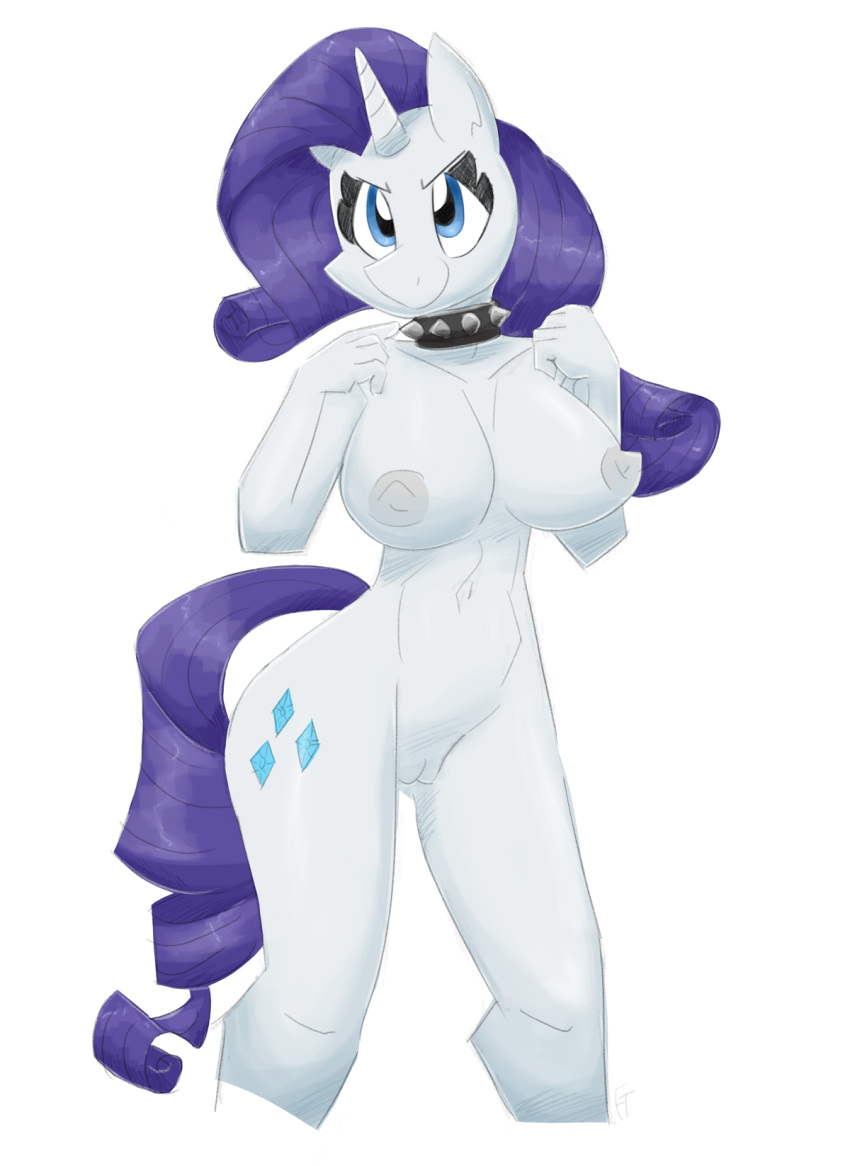 2022 anthro areola big_areola big_breasts big_nipples blue_eyes breasts collar curvy_figure cutie_mark equid equine female flutterthrash friendship_is_magic genitals hair hasbro hi_res horn horse mammal my_little_pony navel nipples nude pony purple_hair pussy rarity_(mlp) solo spiked_collar spikes unicorn white_body wide_hips