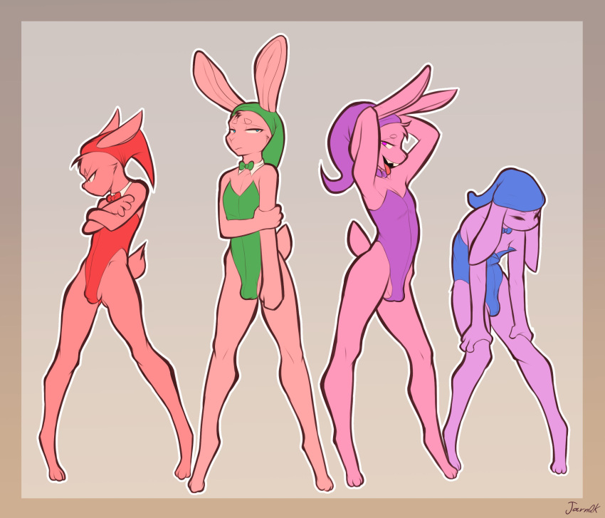 absurd_res annoyed anthro balls bedroom_eyes blue_eyes bulge bunny_costume clothed clothing costume crossed_arms four_swords fur genitals group hi_res jarnqk lagomorph leporid link_(rabbit_form) looking_at_viewer male mammal narrowed_eyes nintendo open_mouth open_smile pink_body pink_fur pose purple_body purple_eyes purple_fur rabbit raised_arm seductive simple_background smile the_legend_of_zelda tongue tongue_out tunic video_games