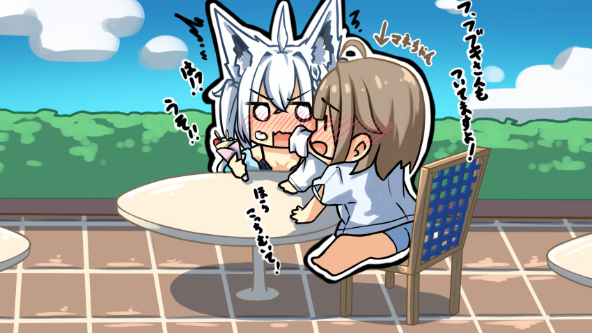 2girls ^^^ animal_ear_fluff animal_ears aobara_hairi artist_name bangs bikini black_bikini blue_nails blush braid breasts chair cloud cloudy_sky commentary_request crepe day expressive_tail food food_on_face fox_ears fox_girl fox_tail frilled_bikini frills hair_between_eyes highres holding holding_food hololive hood hoodie licking licking_finger long_hair looking_at_viewer multiple_girls o_o open_clothes open_hoodie outdoors shirakami_fubuki sidelocks single_braid sitting sky small_breasts swimsuit table tail translation_request virtual_youtuber white_hair white_hoodie wiping_mouth