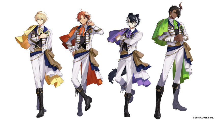 4boys animal_ears aqua_eyes aragami_oga black_footwear blonde_hair blue_eyes brown_hair dark-skinned_male dark_skin earrings full_body green_eyes grey_eyes holostars horns idol itefu jackal_boy jackal_ears jackal_tail jewelry kageyama_shien kishido_temma long_sleeves looking_at_viewer male_focus mole mole_under_eye multicolored_hair multiple_boys official_alternate_costume official_art orange_eyes orange_hair pants short_hair simple_background single_horn smile standing streaked_hair white_background white_hair white_pants yellow_eyes yukoku_roberu