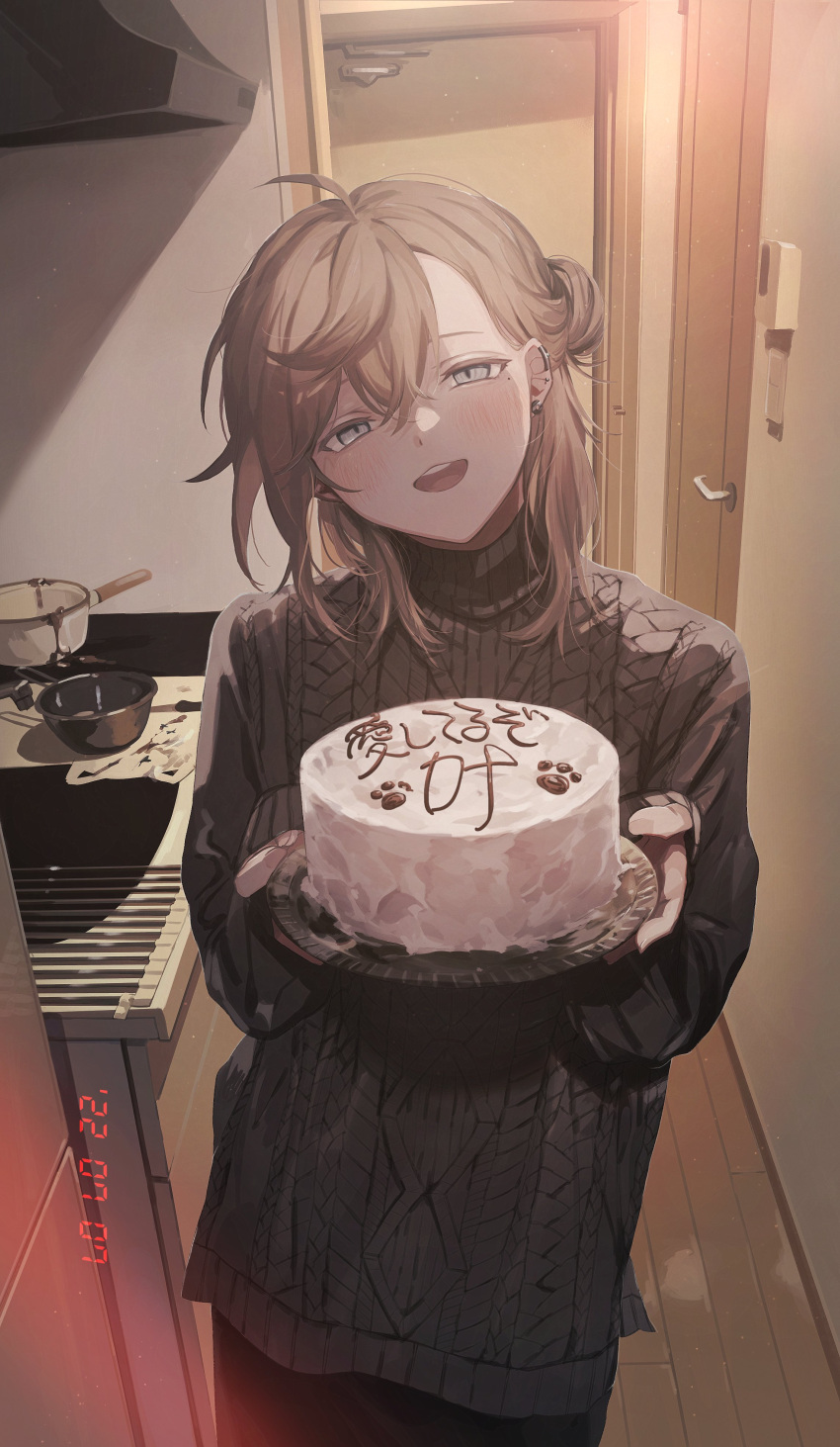 1boy absurdres birthday_cake black_sweater cake ear_piercing food grey_eyes highres holding holding_food indoors kanae_(nijisanji) light_brown_hair looking_at_viewer male_focus maxwells medium_hair nijisanji piercing smile sweater