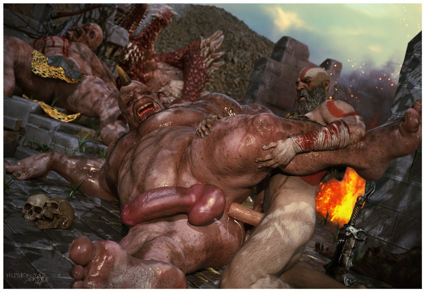 3d_(artwork) anal belly big_belly digital_media_(artwork) duo erection genitals god_of_war hi_res human humanoid humanoid_genitalia huskyman huskyman24 kratos kratos_(god_of_war) male male/male mammal penetration penis sex sony_corporation sony_interactive_entertainment troll video_games