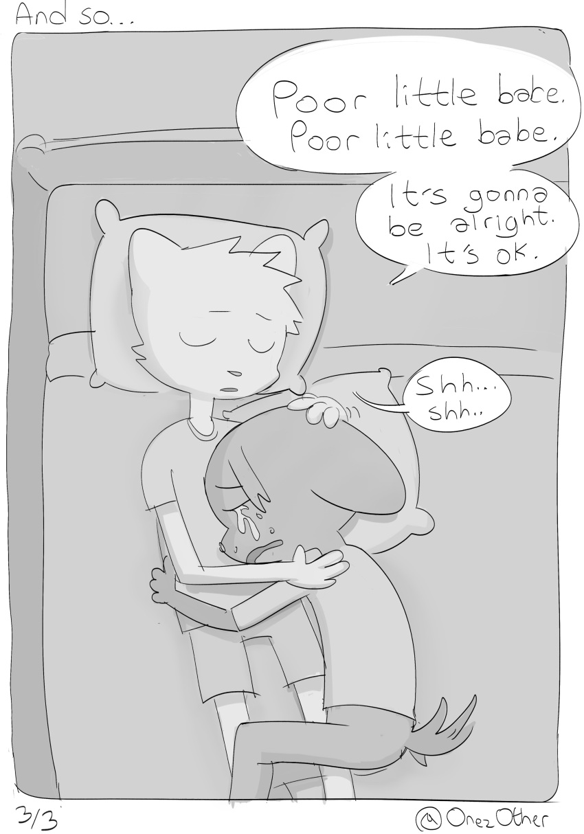 2019 absurd_res anthro bed bodily_fluids comforting comic crying dialogue digital_drawing_(artwork) digital_media_(artwork) dottelk duo english_text eyes_closed felid furniture hi_res holding_each_other male male/male mammal monochrome page_number pillow signature speech_bubble tears text the_other_onez