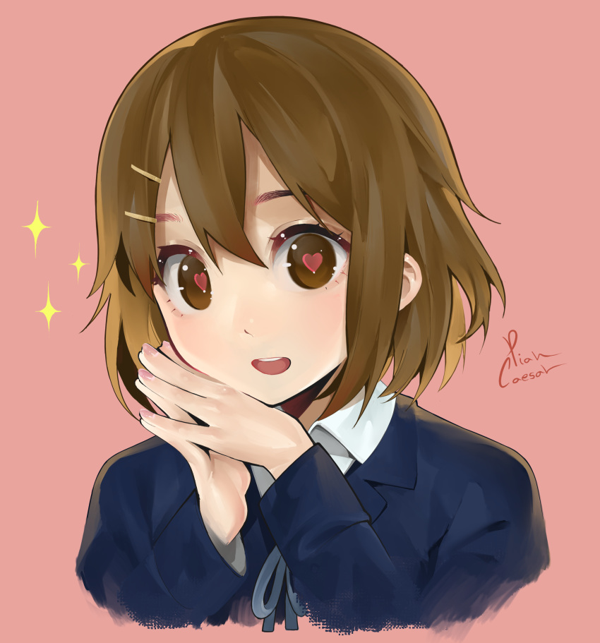 1girl absurdres bangs blue_cardigan blue_ribbon brown_eyes brown_hair cardigan eyelashes hair_between_eyes hair_ornament hairclip hands_up heart heart-shaped_pupils highres hirasawa_yui k-on! long_sleeves looking_at_viewer medium_hair nail_polish open_mouth own_hands_together piancaesar pink_background pink_nails ribbon shiny shiny_hair sidelocks signature solo sparkle symbol-shaped_pupils teeth upper_teeth