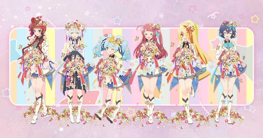 6+girls :3 :d ;d ;q =_= ^_^ ^o^ ahoge artist_request bangs black_hair black_shirt blonde_hair blue_bow blue_bowtie blue_eyes blue_ribbon blunt_bangs boots bouquet bow bowtie brown_hair bug butterfly closed_eyes dango_hair_ornament dark_blue_hair dress_flower eating_flower falling_petals flower flower_wreath food-themed_hair_ornament footwear_ribbon frilled_skirt frills furrowed_brow green_hair grey_eyes hair_bow hair_bun hair_flower hair_ornament hair_over_one_eye hair_ribbon head_wreath heart heart_hair highres holding holding_bouquet holding_head hoshikawa_lily interlocked_fingers jacket knee_boots konno_junko layered_skirt leg_up light_blue_hair long_hair long_sleeves low_twintails minamoto_sakura miniskirt mizuno_ai multicolored_hair multiple_girls neck_ribbon necktie nikaidou_saki official_art one_eye_closed one_side_up open_mouth orange_hair orange_ribbon petals pink_background pink_hair pink_necktie pleated_skirt polka_dot polka_dot_bow ponytail purple_bow purple_bowtie purple_ribbon red_eyes red_ribbon ribbon severed_head shirt short_hair sidelocks single_hair_bun skirt smile standing star_(symbol) star_hair_ornament streaked_hair striped striped_bow striped_bowtie striped_shirt sweat tongue tongue_out twintails vertical-striped_shirt vertical_stripes w_arms white_footwear white_hair white_jacket yamada_tae yellow_bow yellow_bowtie yellow_eyes yuugiri_(zombie_land_saga) zombie_land_saga