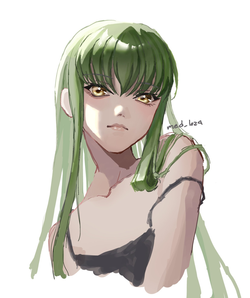 1girl bangs c.c. code_geass collarbone green_hair grey_camisole hair_behind_ear highres long_hair making-of_available med_(med_1024) off_shoulder sketch solo white_background yellow_eyes