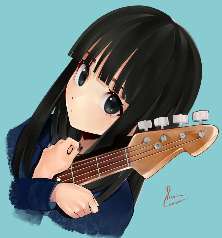 1girl absurdres akiyama_mio aqua_background bangs black_hair black_nails blue_cardigan blunt_bangs cardigan closed_mouth crossed_arms dutch_angle electric_guitar eyelashes grey_eyes guitar hands_up highres hime_cut holding instrument k-on! long_hair long_sleeves looking_at_viewer nail_polish piancaesar shiny shiny_hair signature solo