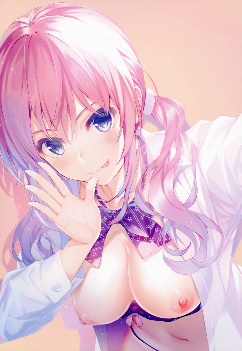 1girl :q absurdres bangs blue_eyes bow bowtie bra bra_pull clothes_pull collared_shirt comic_aun dress_shirt hair_between_eyes hair_over_shoulder highres long_hair long_sleeves looking_at_viewer misaki_kurehito navel nipples open_clothes open_shirt pink_hair print_bow print_bowtie purple_bow purple_bowtie purple_bra shiny shiny_hair shirt solo tongue tongue_out twintails underwear upper_body utsugi_sari white_shirt wing_collar