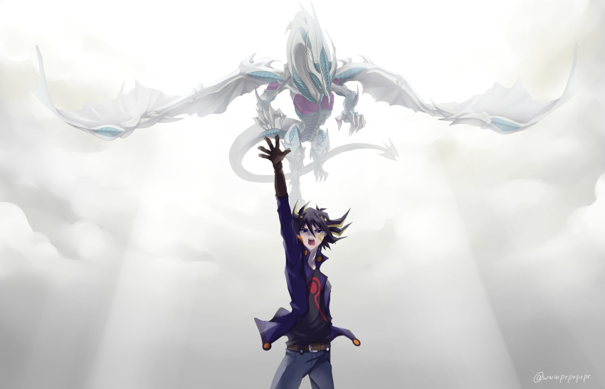 1boy black_hair cloud cloudy_sky collared_jacket denim dragon duel_monster fudou_yuusei hand_up highres jacket jeans light_rays male_focus multicolored_hair pants signature sky stardust_dragon streaked_hair tail two-tone_hair wings wwwprprprpr yu-gi-oh! yu-gi-oh!_5d's