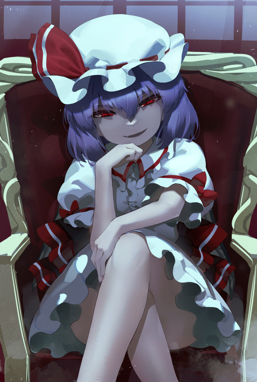 1girl armchair bangs blue_hair chair collared_dress commentary_request crossed_legs dress fang feet_out_of_frame hair_between_eyes half-closed_eyes hat hat_ribbon highres indoors long_sleeves looking_at_viewer mob_cap monosenbei on_chair parted_lips puffy_long_sleeves puffy_sleeves red_eyes red_ribbon remilia_scarlet ribbon sitting smirk solo touhou white_dress white_headwear window