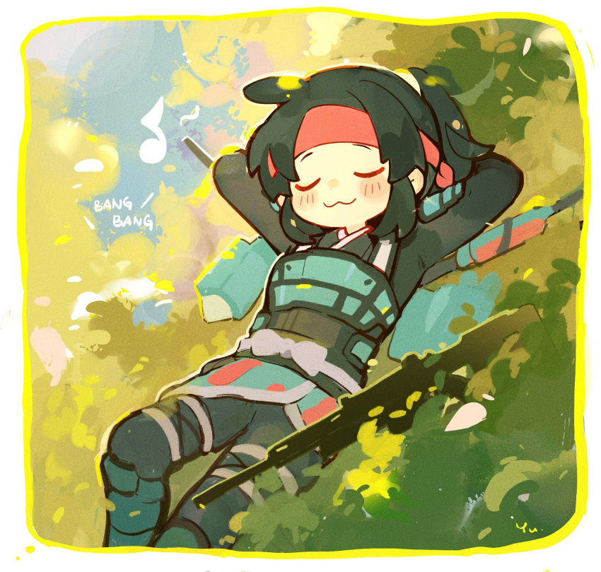 1girl :3 apex_legends arms_behind_back bangs black_hair black_jacket black_pants chinese_commentary closed_eyes cloud_marauder_valkyrie gun headband highres jacket jetpack official_alternate_costume pants parted_bangs ponytail red_headband rifle sentinel_esr sitting sleeping sniper_rifle solo tree valkyrie_(apex_legends) weapon yuuu_(maruunaka)