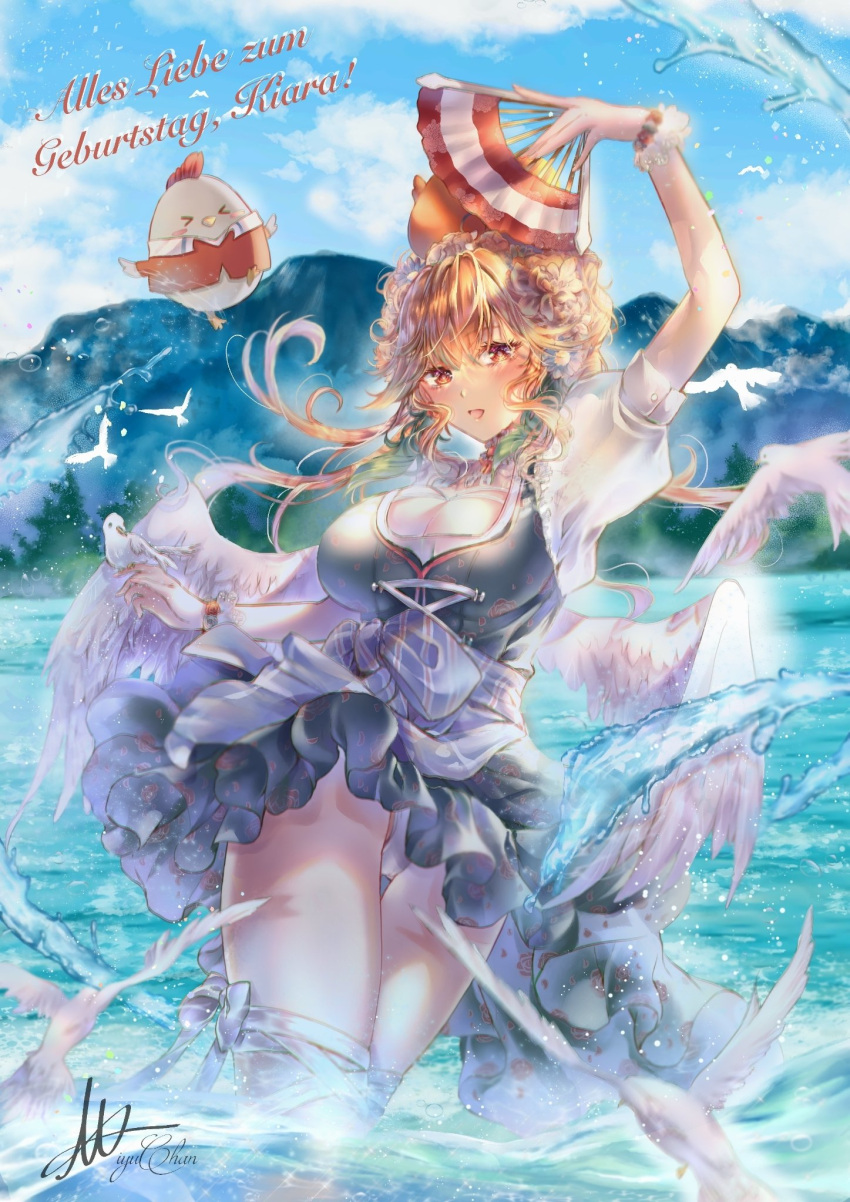 1girl animal_on_head bird bird_on_head breasts cleavage dirndl earrings feather_earrings feathers german_clothes german_text hand_fan highres holding holding_fan hololive hololive_english jewelry large_breasts looking_at_viewer mewmiyu on_head orange_hair panties pantyshot partially_submerged sky solo takanashi_kiara traditional_clothes underwear virtual_youtuber water wings