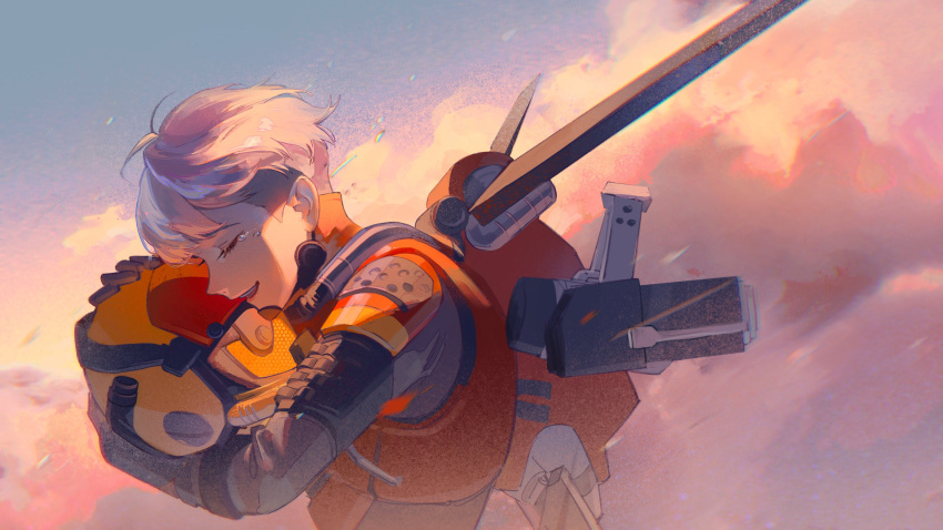 1girl absurdres apex_legends artist_request birthright_valkyrie closed_eyes cloud crying english_commentary from_side grey_hair hair_behind_ear helmet highres holding holding_helmet jetpack object_hug official_alternate_costume official_art open_mouth short_hair sky valkyrie_(apex_legends)