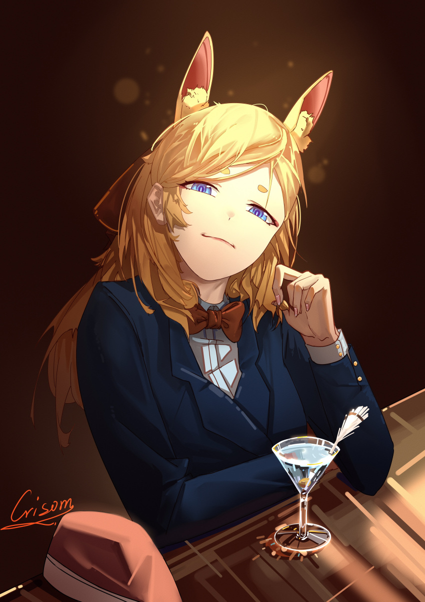 1girl absurdres alternate_costume animal_ear_fluff animal_ears arknights artist_name black_headwear blonde_hair blue_eyes blue_jacket bow bowtie brown_bow brown_bowtie cocktail_glass crisom_bingjiling cup dark_background drinking_glass extra_ears formal hat hat_removed headwear_removed highres horse_ears horse_girl jacket lapel long_hair long_sleeves looking_at_viewer shirt short_hair simple_background solo thick_eyebrows tuxedo undershirt upper_body whislash_(arknights) white_shirt