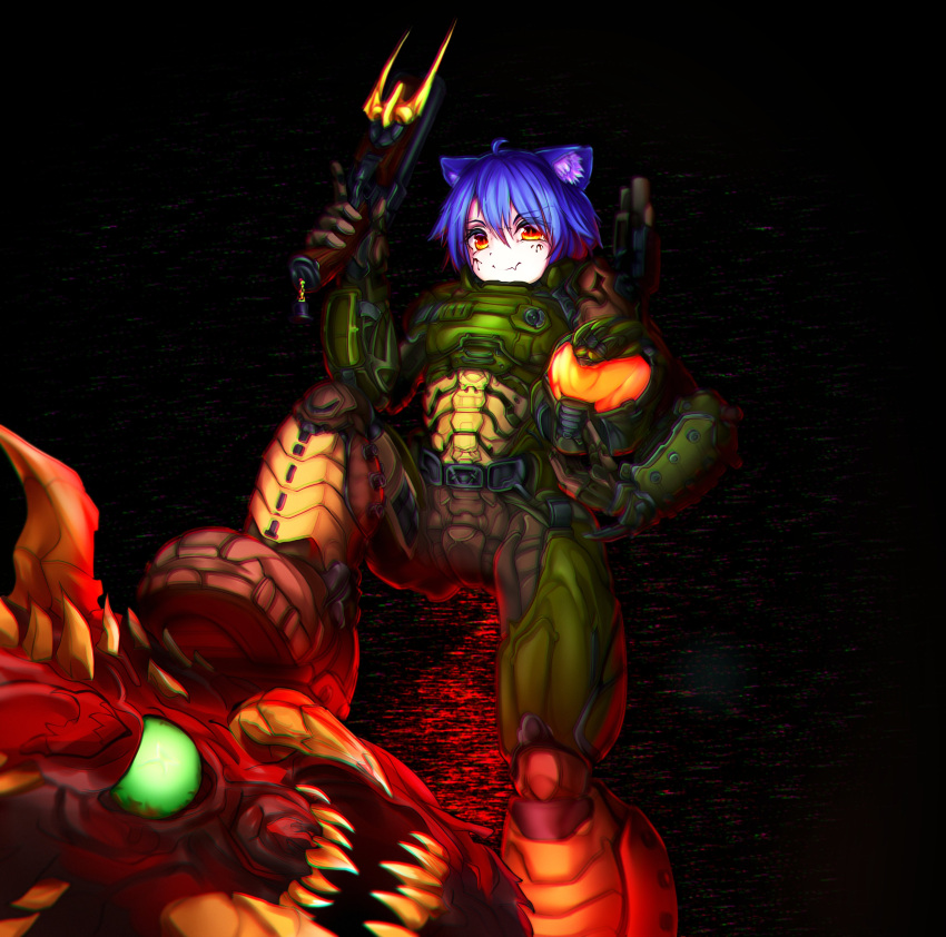 1girl absurdres animal_ear_fluff animal_ears black_background blue_hair brown_eyes cacodemon cat_ears chromatic_aberration cosplay doom_(2016) doom_(series) doomguy doomguy_(cosplay) fang fang_out fangs green_eyes gun headwear_removed helmet helmet_removed highres holding holding_gun holding_weapon kishinco looking_at_viewer mana_renewal one-eyed power_armor sharp_teeth shotgun skin_fang smile solo teeth virtual_youtuber weapon weplanet