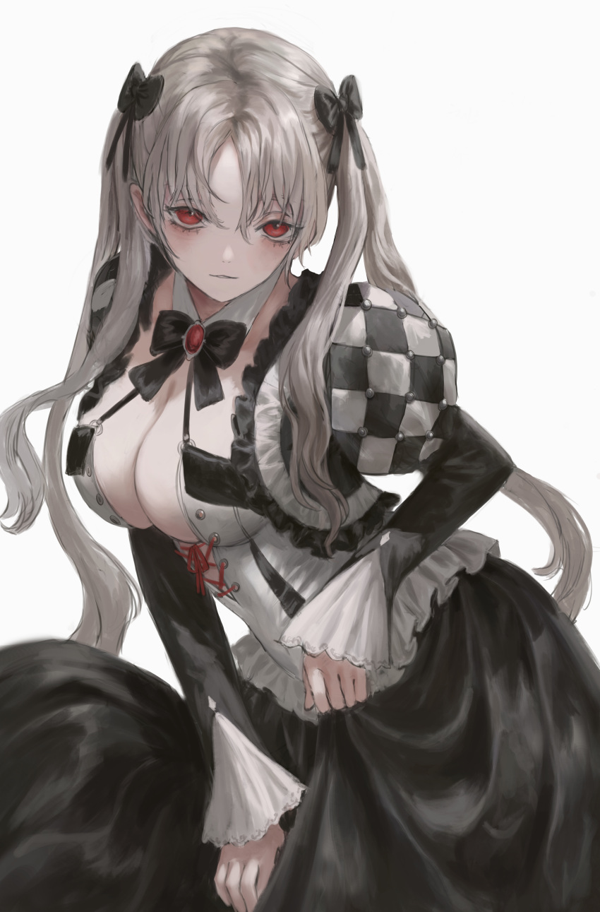 1girl absurdres bow breasts checkered cleavage corset detached_collar dress frills gold_can gothic hair_bow highres large_breasts long_hair original red_eyes simple_background solo twintails white_background white_hair