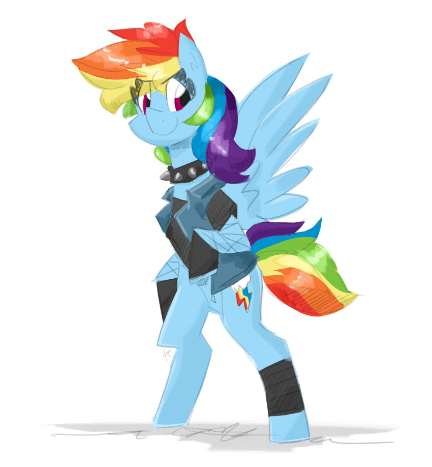 absurd_res blue_body clothing collar cutie_mark equid equine feathered_wings feathers feral flutterthrash friendship_is_magic hair hasbro hi_res mammal multicolored_hair multicolored_tail my_little_pony pegasus pink_eyes rainbow_dash_(mlp) rainbow_hair rainbow_tail simple_background smile solo spiked_collar spikes white_background wings