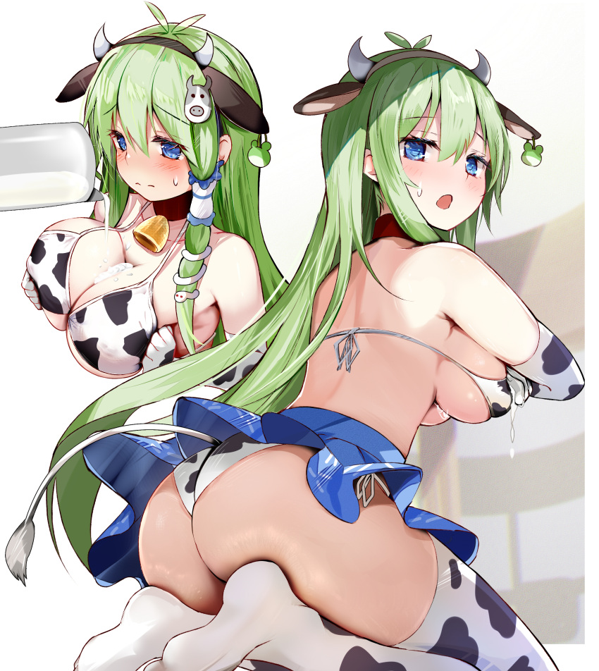 1girl :o absurdres animal_ears animal_print ass bangs bell bikini blue_eyes blue_skirt breasts bust_cup closed_mouth collar cow_ears cow_hair_ornament cow_horns cow_print cow_tail cowbell ear_tag efe elbow_gloves fake_animal_ears fake_horns gloves green_hair hair_ornament highres horns kneeling kochiya_sanae large_breasts looking_at_viewer looking_back microskirt milk neck_bell no_shoes open_mouth pouring print_bikini print_gloves print_legwear raised_eyebrows red_collar revision skirt snake_hair_ornament suggestive_fluid sweatdrop swimsuit tail thighhighs touhou