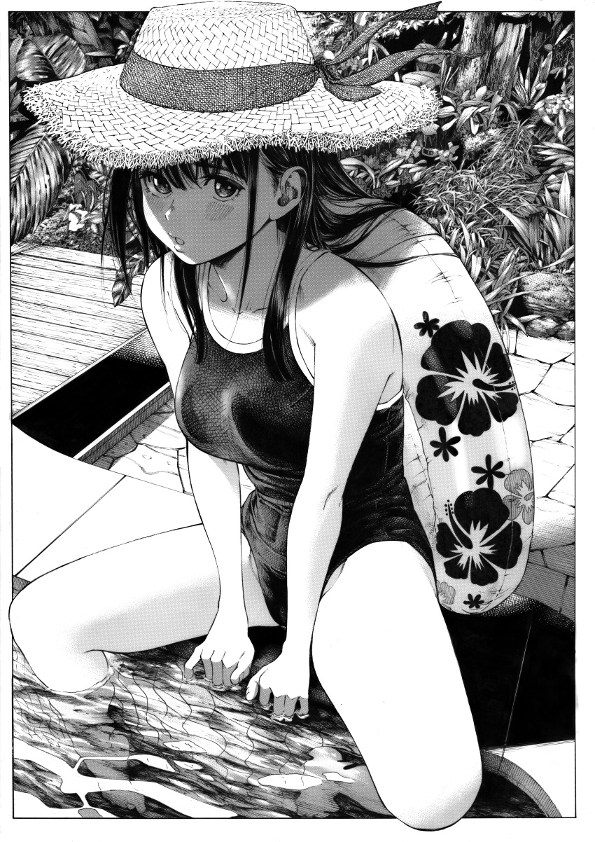 1girl absurdres bangs bare_arms bare_legs bare_shoulders barefoot between_legs black_hair blush border breasts commentary competition_school_swimsuit day floral_print full_body gagaimo greyscale hand_between_legs hat hat_ribbon highres innertube long_hair looking_at_viewer medium_breasts monochrome nib_pen_(medium) one-piece_swimsuit original outdoors outside_border parted_lips pool poolside ribbon school_swimsuit screentones sitting soaking_feet solo spread_legs straw_hat sun_hat swimsuit traditional_media water white_border