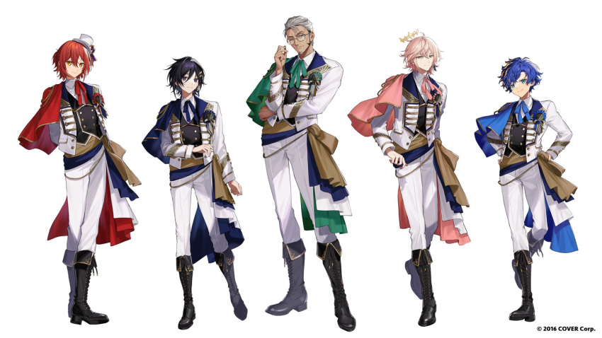 5boys aqua_eyes arurandeisu astel_leda beard black_footwear blonde_hair blue_eyes dark-skinned_male dark_blue_hair dark_skin facial_hair full_body glasses grey_hair hair_ornament hair_slicked_back hairclip hanasaki_miyabi hands_on_hips hat holostars idol itefu kanade_izuru long_sleeves looking_at_viewer male_focus mature_male medium_hair mini_hat multicolored_hair multiple_boys official_art pants pink_hair purple_eyes red_hair rikka_(holostars) short_hair simple_background smile standing streaked_hair wavy_hair white_background white_headwear white_pants yellow_eyes