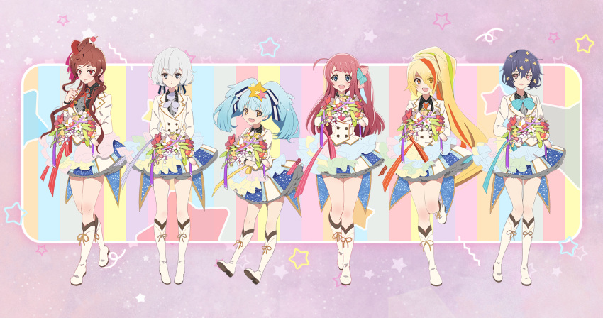 6+girls :d :o ahoge artist_request bangs black_shirt blonde_hair blue_bow blue_bowtie blue_eyes blue_ribbon blunt_bangs boots bouquet bow bowtie brown_hair dango_hair_ornament dark_blue_hair flower food-themed_hair_ornament footwear_ribbon frilled_skirt frills green_hair grey_eyes hair_bow hair_bun hair_flower hair_ornament hair_over_one_eye hair_ribbon heart heart_hair highres holding holding_bouquet hoshikawa_lily interlocked_fingers jacket knee_boots konno_junko layered_skirt leg_up light_blue_hair long_hair long_sleeves low_twintails minamoto_sakura miniskirt mizuno_ai multicolored_hair multiple_girls neck_ribbon necktie nikaidou_saki official_art one_side_up open_mouth orange_hair orange_ribbon pink_background pink_hair pink_necktie pleated_skirt polka_dot polka_dot_bow ponytail purple_bow purple_bowtie purple_ribbon red_eyes red_ribbon ribbon shirt short_hair sidelocks single_hair_bun skirt smile standing star_(symbol) star_hair_ornament streaked_hair striped striped_bow striped_bowtie striped_shirt twintails vertical-striped_shirt vertical_stripes w_arms white_footwear white_hair white_jacket yellow_bow yellow_bowtie yellow_eyes yuugiri_(zombie_land_saga) zombie_land_saga