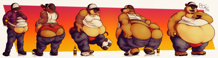 abdominal_bulge after_transformation alcohol anthro ass_up beer beer_bottle belly belly_expansion belly_grab belly_overhang belly_tuft beverage big_belly big_butt bottle brown_bear brown_body brown_fur bubble_butt bulge burping butt butt_grab chubby_anthro chubby_cheeks chubby_male clothed clothed/nude clothing expansion eyeless feet from_behind_position from_front_position from_side fur hand_on_butt hindpaw huge_butt huge_hips huge_thighs hyper hyper_belly looking_back looking_down looking_pleasured male mammal moobs motion_lines multicolored_body multicolored_fur muscle_shirt navel nude obese obese_anthro obese_male overweight overweight_anthro overweight_male paws pecs presenting presenting_hindquarters raised_tail rear_view sequence sex shirt solo sound_effects thick_thighs thong topwear torn_clothing torn_shirt torn_topwear transformation transformation_sequence trucker trucker_hat tuft two_tone_body two_tone_fur underwear ursid ursine vetoknox weight_gain wide_hips