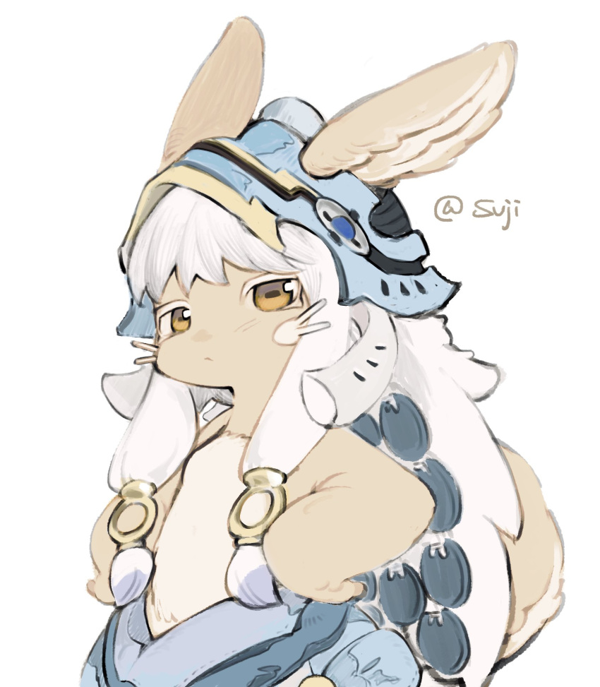 1other androgynous ears_through_headwear fake_horns furry hands_on_hips helmet highres horizontal_pupils horned_helmet horns lovelivexax made_in_abyss nanachi_(made_in_abyss) other_focus puffy_pants simple_background solo twitter_username whiskers white_background white_hair yellow_eyes