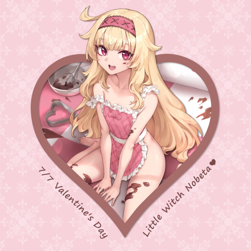 1girl :d apron bare_arms bare_shoulders between_legs blonde_hair candy chocolate food frilled_apron frills hairband heart heart-shaped_chocolate highres little_witch_nobeta long_hair looking_at_viewer naked_apron nobeta oopartz_yang open_mouth pink_apron red_eyes sitting smile solo strap_slip thighs very_long_hair wariza whisk yes yes-no_pillow