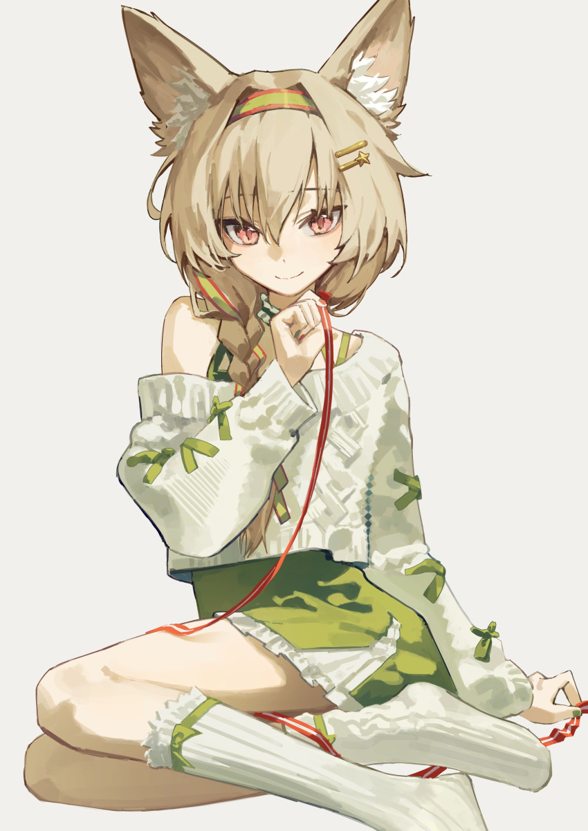 1girl absurdres arknights beanstalk_(arknights) beanstalk_(gift_uncompleted)_(arknights) braid brown_hair collar cropped_sweater dress frilled_collar frills full_body green_dress green_hairband green_nails hair_between_eyes hair_ornament hairband hairclip highres holding holding_ribbon hyena_ears hyena_girl long_hair looking_at_viewer nail_polish no_shoes off-shoulder_sweater off_shoulder official_alternate_costume red_eyes red_hairband red_nails red_ribbon ribbon simple_background single_bare_shoulder sitting smile solo star_(symbol) star_hair_ornament striped striped_hairband sweater two-tone_nails white_background white_collar white_socks white_sweater yoon_cook