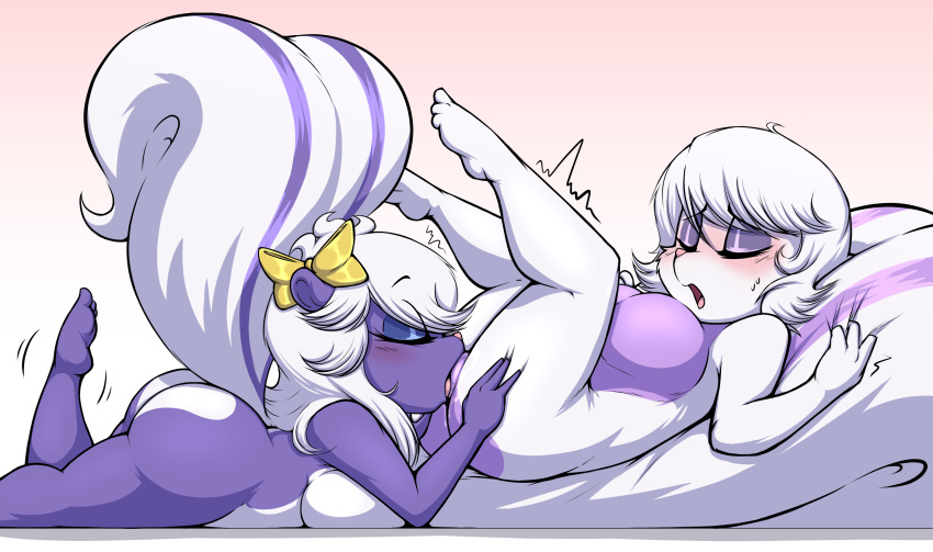 anthro big_breasts big_tail blush breasts butt coco_scent_(henrietta_lamb) cunnilingus denzeltip digital_media_(artwork) duo female female/female fur genitals hair hi_res incest_(lore) laying_on_tail lying mammal mephitid multicolored_body nude open_mouth oral pussy sex short_stack sibling simple_background sister sisters skunk sweet_scent_(henrietta_lamb) thick_tail thick_thighs tongue tongue_out two_tone_body vaginal white_body white_fur