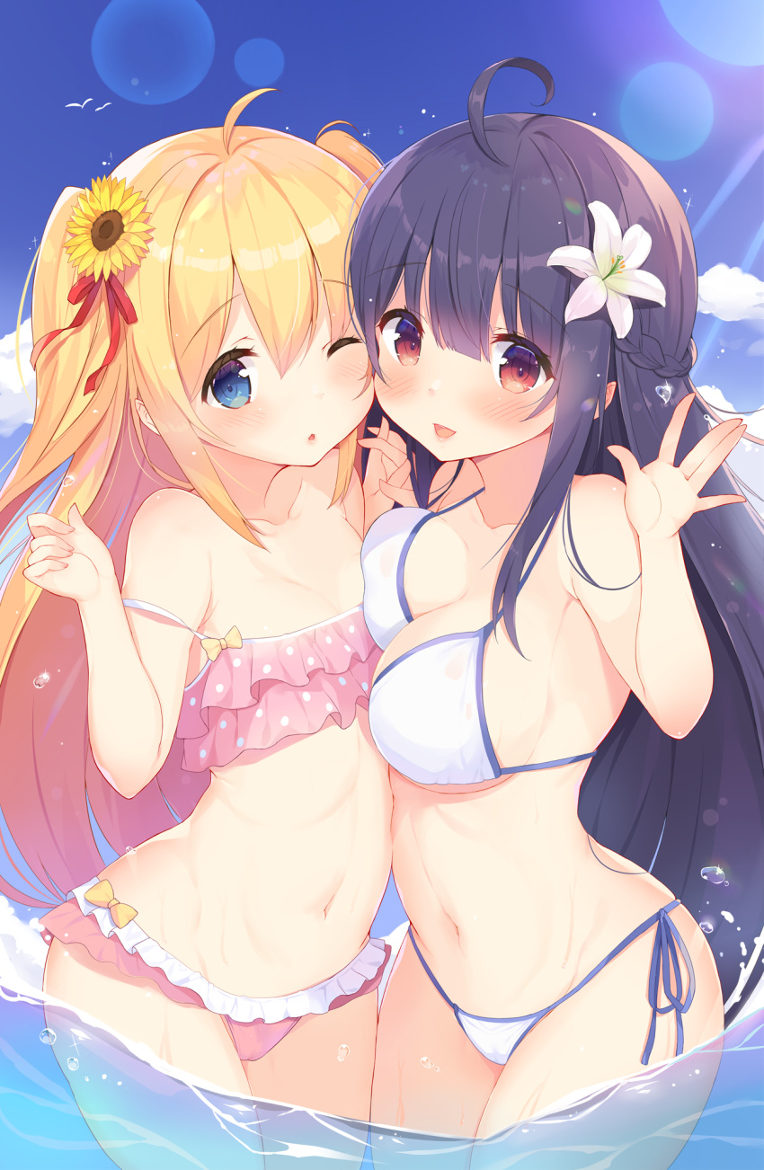 2girls ;o ahoge asymmetrical_docking bangs bare_arms bare_shoulders bikini black_hair blonde_hair blue_eyes blue_sky blush braid breast_press breasts cleavage cloud commentary_request day flower frilled_bikini frills hair_between_eyes hair_flower hair_ornament hand_up highres kagerou_(shadowmage) layered_bikini long_hair medium_breasts multiple_girls navel one_eye_closed original outdoors parted_lips pink_bikini polka_dot polka_dot_bikini red_eyes side-tie_bikini sky small_breasts strap_slip sunflower sunflower_hair_ornament swimsuit two_side_up very_long_hair white_bikini white_flower yellow_flower