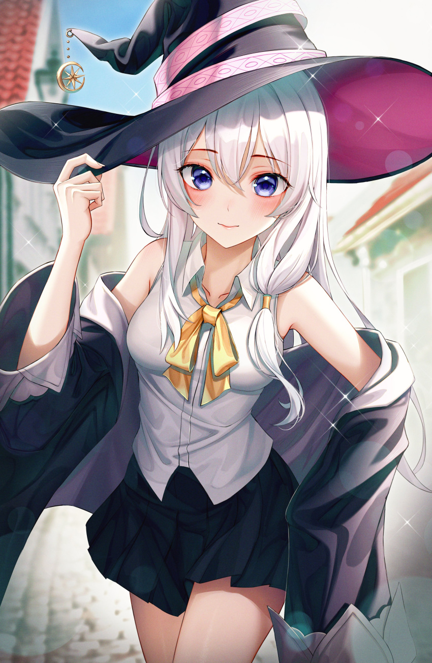 1girl absurdres bangs bare_shoulders black_headwear black_skirt blue_eyes blurry blurry_background blush breasts building cobblestone collared_shirt commentary cowboy_shot day eichi_(skskdi12z) elaina_(majo_no_tabitabi) hair_between_eyes hand_on_headwear hat hat_ornament highres jacket long_hair looking_at_viewer majo_no_tabitabi medieval medium_breasts neckerchief off_shoulder purple_jacket road shirt skirt sleeveless sleeveless_shirt solo street thighs white_hair white_shirt witch_hat yellow_neckerchief