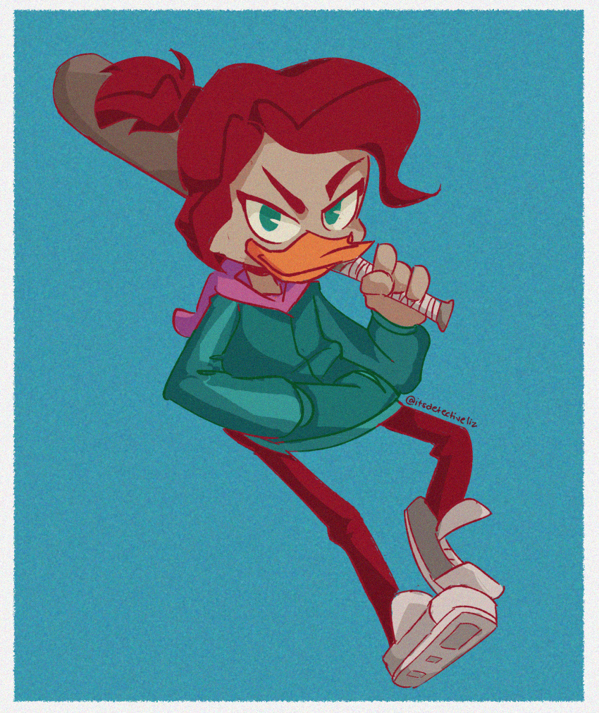 2022 4_fingers anatid anseriform anthro avian baseball_bat bat_(object) beak bird blue_background clothed clothing disney duck ducktales ducktales_(2017) female fingers footwear fully_clothed gosalyn_waddlemeyer green_eyes hair hi_res holding_baseball_bat holding_object hoodie looking_at_viewer miyakoriee ponytail red_hair shoes simple_background solo topwear young