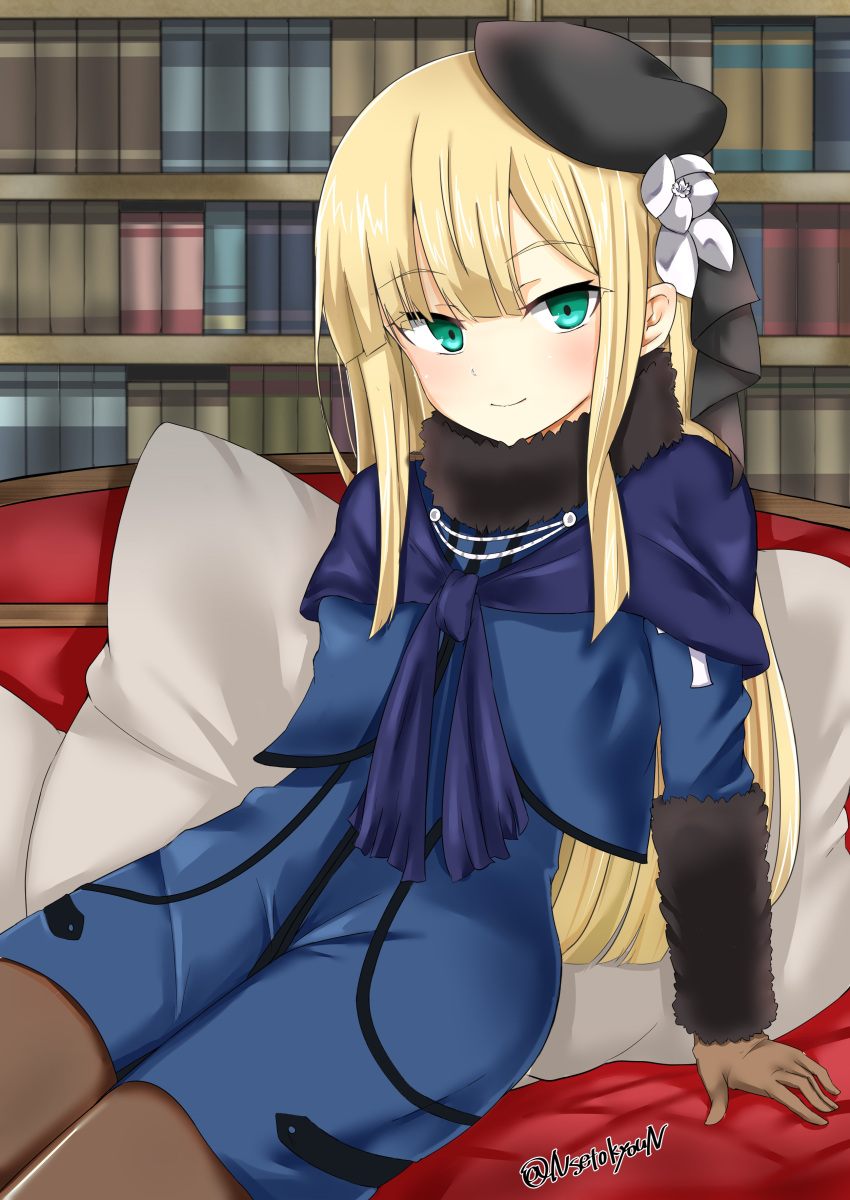 1girl absurdres aqua_eyes bangs beret black_headwear blonde_hair blue_dress blue_jacket blue_scarf blush bookshelf breasts brown_gloves brown_legwear cropped_jacket dress fate_(series) fur_collar gloves grey_rose hat highres jacket long_hair long_sleeves looking_at_viewer lord_el-melloi_ii_case_files pantyhose reines_el-melloi_archisorte scarf seto_kyotaro sidelocks sitting small_breasts smile solo thighs tilted_headwear