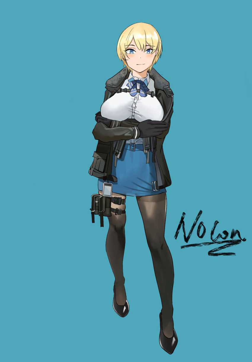 1girl artist_name bangs black_footwear black_gloves black_jacket black_legwear blonde_hair blue_background blue_eyes blue_skirt blush breasts closed_mouth crossed_arms full_body fur-trimmed_jacket fur_trim girls'_frontline gloves harness high_heels highres jacket large_breasts looking_at_viewer nocon open_clothes open_jacket pantyhose pencil_skirt shirt short_hair skirt smile solo standing vsk-94_(girls'_frontline) white_shirt