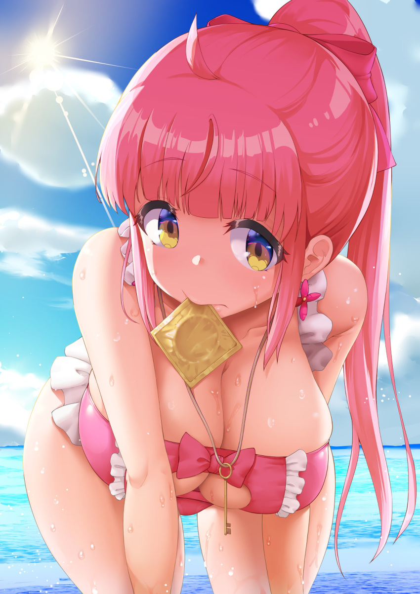 backlighting bangs beach blunt_bangs breasts brown_eyes clothing_cutout cloud condom condom_in_mouth condom_wrapper frilled_swimsuit frills highres kazairo_kotone key_necklace large_breasts leaning_forward long_hair mouth_hold open_swimsuit pink_hair pink_swimsuit ponytail rpg_fudousan shousan_bouzu sidelocks sunlight swimsuit wet