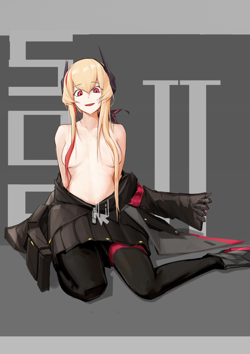 1girl absurdres arms_behind_back bangs bare_shoulders black_jacket black_legwear black_skirt blonde_hair breasts character_name collarbone full_body girls'_frontline hair_over_breasts headphones highres jacket jacket_pull long_hair looking_at_viewer m4_sopmod_ii_(girls'_frontline) medium_breasts multicolored_hair on_floor open_clothes open_jacket open_mouth pantyhose red_eyes simple_background skirt smile solo ss-7 streaked_hair topless