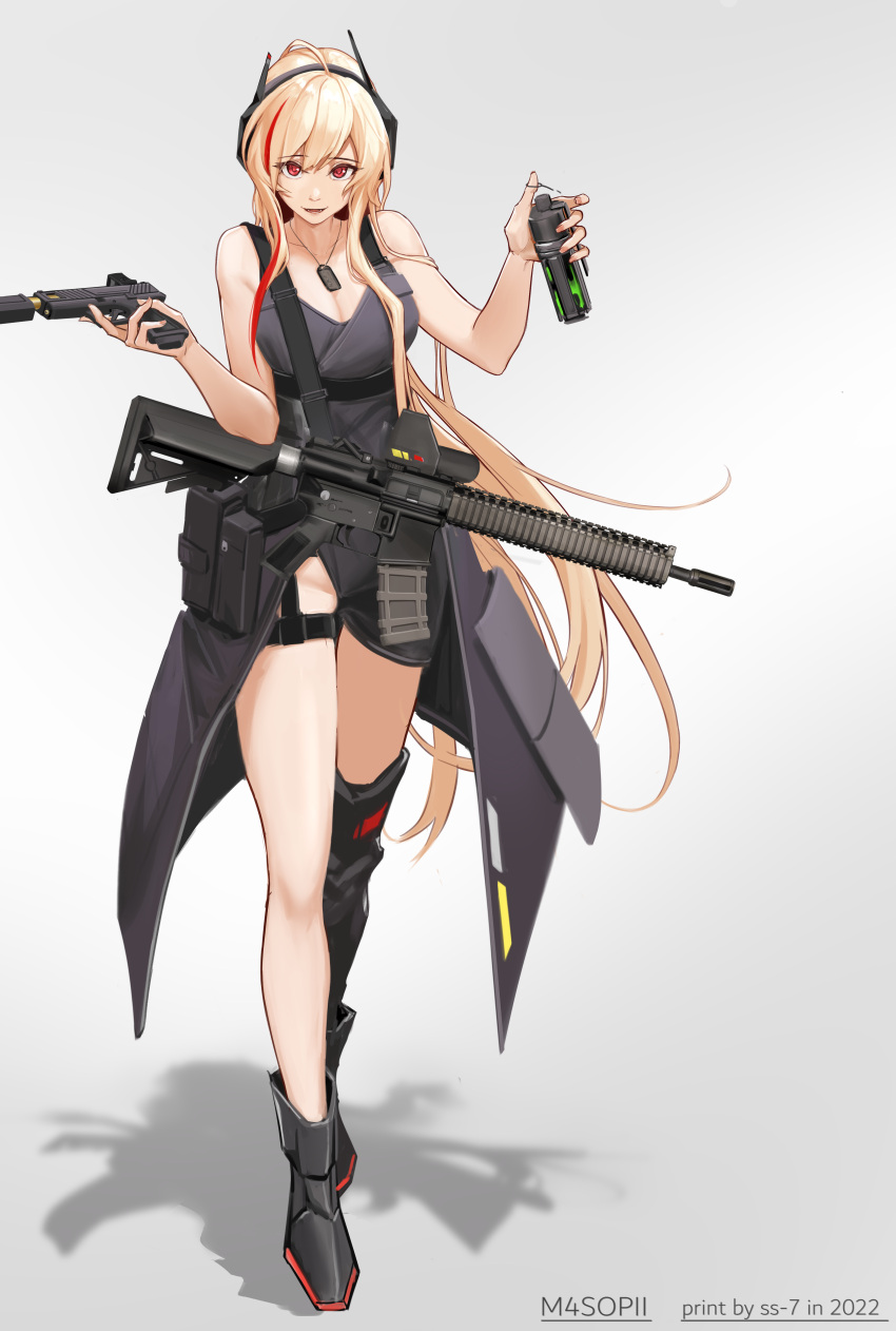 1girl absurdres alternate_costume artist_name assault_rifle asymmetrical_footwear bangs black_dress black_footwear blonde_hair breasts character_name cleavage collarbone dated dress explosive fangs full_body girls'_frontline grenade gun handgun headphones highres holding holding_gun holding_weapon jewelry legs long_hair looking_at_viewer m4_sopmod_ii m4_sopmod_ii_(girls'_frontline) medallion medium_breasts multicolored_hair nail_polish necklace open_mouth pink_nails red_eyes rifle shadow smile solo ss-7 standing streaked_hair very_long_hair weapon white_background
