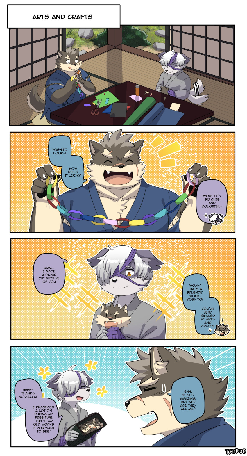 absurd_res anthro canid canine canis chuurow claws comic detailed_background domestic_dog duo english_text eyebrows fur grey_body grey_fur hair hi_res humor lifewonders male male/male mammal moritaka scar smile text thick_eyebrows tokyo_afterschool_summoners video_games white_hair yoshito