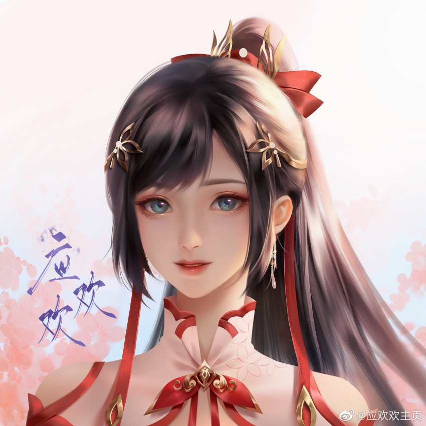 1girl blue_eyes brown_hair earrings face floral_background hair_ornament hair_ribbon highres jewelry long_hair looking_at_viewer ponytail ribbon smile solo teeth wu_dong_qian_kun ying_huanhuan_(wu_dong_qian_kun) ying_huanhuan_zhuye