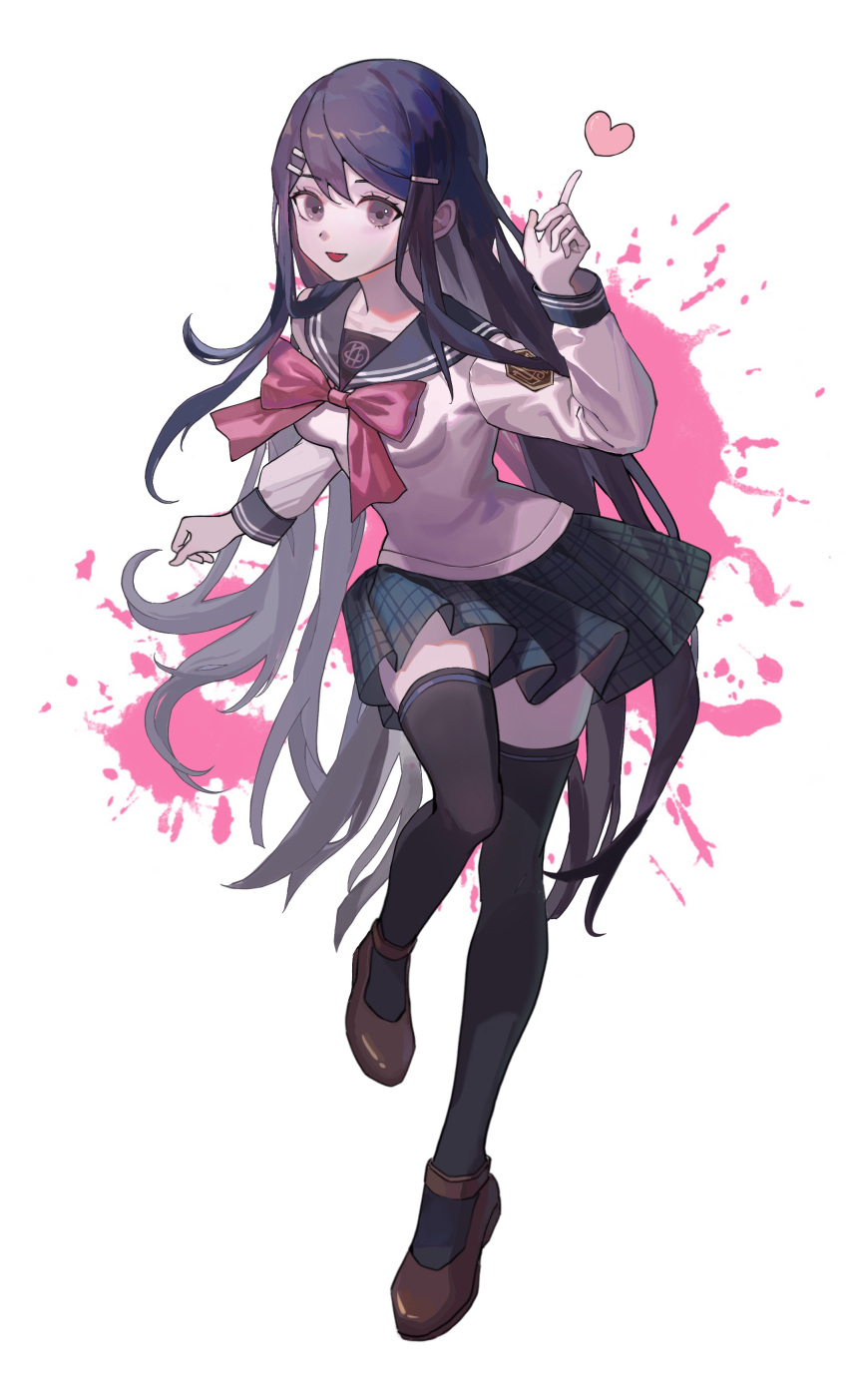 1girl 30020505 absurdres bangs black_skirt black_thighhighs blood blood_splatter blue_eyes blue_hair bow bowtie brown_footwear collarbone danganronpa:_trigger_happy_havoc danganronpa_(series) emblem full_body hair_ornament hairclip hand_up heart highres index_finger_raised jacket leg_up long_hair looking_at_viewer maizono_sayaka open_mouth pink_blood plaid plaid_skirt pointing pointing_up red_bow red_bowtie sailor_collar school_uniform serafuku shoes simple_background skirt smile solo standing standing_on_one_leg straight_hair stylized_blood thighhighs very_long_hair white_background white_jacket