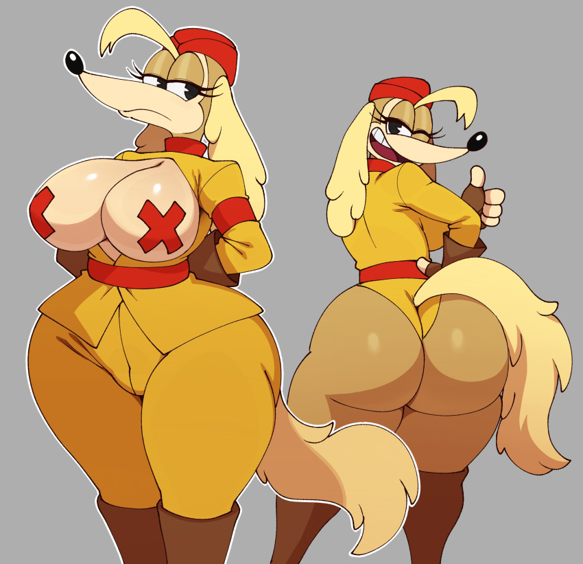 2022 absurd_res alternate_version_at_source anthro big_breasts big_butt black_eyes breasts butt canid canine canis clothed clothing cuphead_(game) domestic_dog female hi_res huge_butt hunting_dog looking_at_viewer looking_back mammal pasties pilot_saluki_(cuphead) saluki sighthound solo sssonic2 video_games