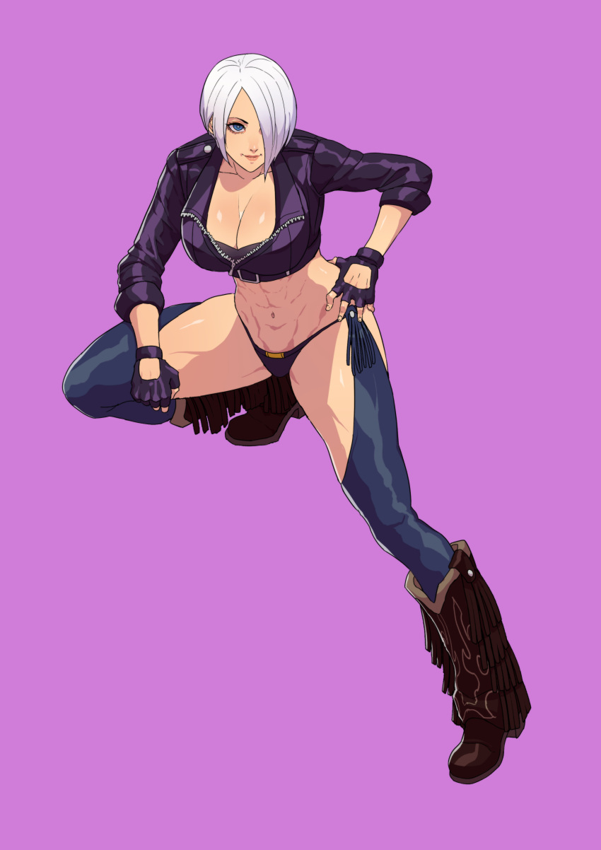 1girl abs absurdres angel_(kof) black_gloves blue_eyes blush boots breasts chaps cirenk cleavage cowboy_boots crop_top finger_to_mouth fingerless_gloves gloves hair_over_one_eye hand_on_hip highres index_finger_raised jacket large_breasts leaning_forward leather leather_jacket looking_at_viewer midriff navel open_mouth short_hair smile snk solo teeth the_king_of_fighters the_king_of_fighters_xv thighs toned tongue tongue_out upper_teeth