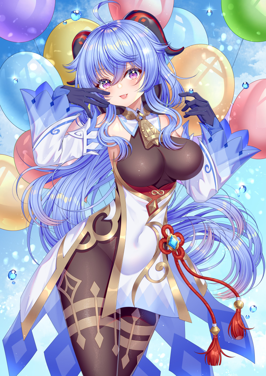 1girl absurdres ahoge balloon bangs bare_shoulders bell blue_gloves blue_hair blush breasts brown_legwear chinese_knot covered_navel cowboy_shot detached_sleeves flower_knot ganyu_(genshin_impact) genshin_impact gloves gold_trim highres horns legs_together light_smile long_hair looking_at_viewer medium_breasts neck_bell nose_blush purple_eyes sidelocks solo standing thighlet thighs vision_(genshin_impact) white_sleeves wuyinlou