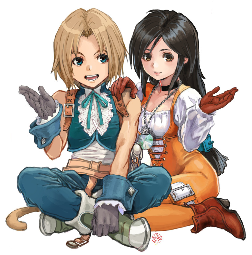 1boy 1girl absurdres aqua_vest asymmetrical_bangs bangs belt black_hair blonde_hair blue_eyes blue_pants bodysuit boots breasts brown_eyes brown_gloves choker cleavage couple cuffs duplicate final_fantasy final_fantasy_ix frilled_shirt_collar frills full_body garnet_til_alexandros_xvii gloves grey_gloves hand_on_another's_shoulder hand_up highres jewelry kneeling lace-up_top long_hair looking_at_viewer low-tied_long_hair lower_teeth medium_breasts monkey_tail neck_ribbon necklace open_mouth orange_bodysuit pants parted_bangs pendant pixel-perfect_duplicate puffy_sleeves ribbon shiren_(ourboy83) shirt short_hair sitting sleeveless sleeveless_shirt smile tail teeth thigh_strap upper_teeth white_background white_shirt zidane_tribal